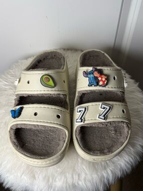 Fuzzy croc sandals